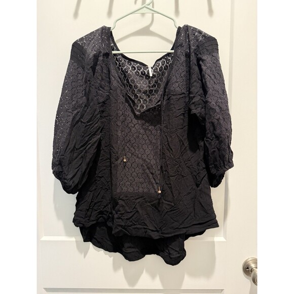 Free People Moon River Easy Top Size Small Black Daisy Lace Peasant Blouse - Picture 2 of 5